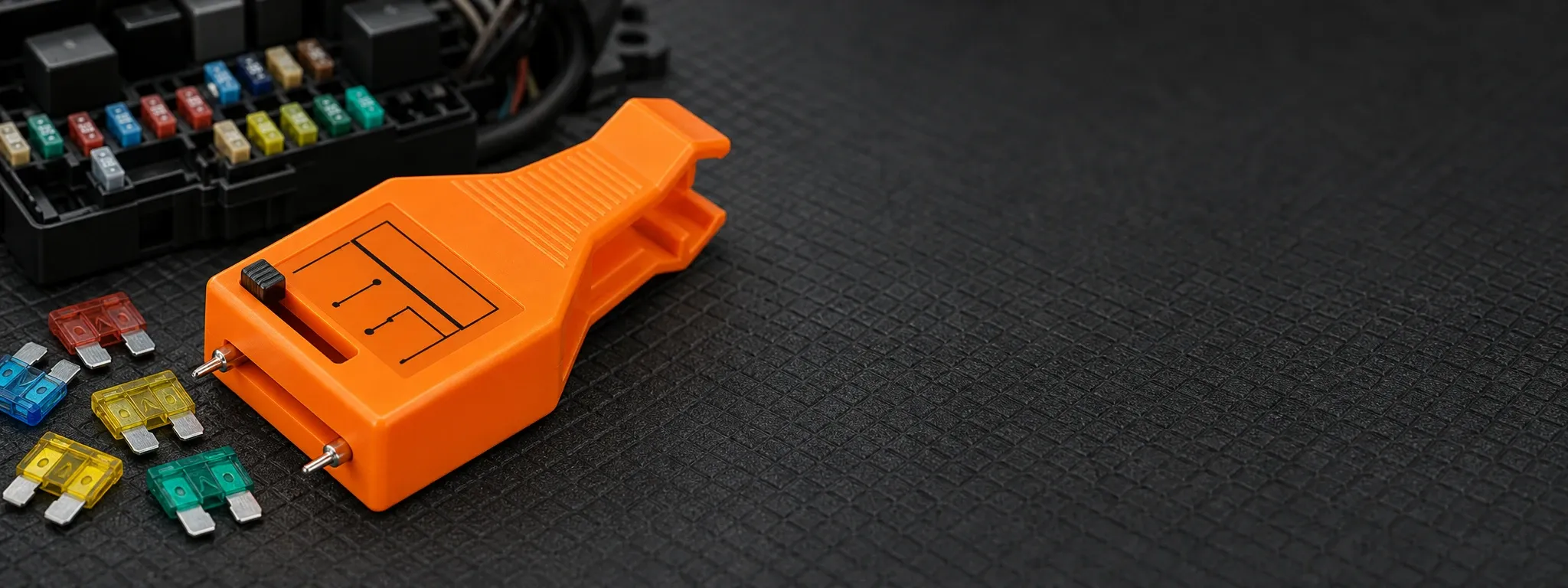 Close-up of a practical 2-in-1 automotive fuse tester and puller in bright orange, surrounded by various ATO fuses on a textured black surface, emphasizing functionality and precision.