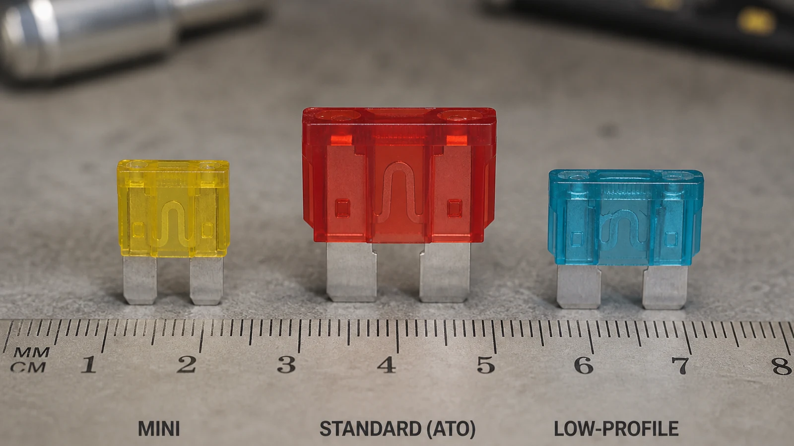 Standard ATO blade fuse beside smaller mini and low-profile fuses for size comparison