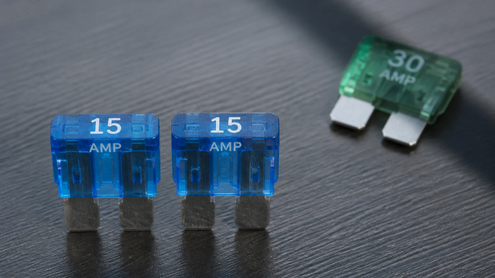 Matching amperage blade fuses ready for replacement beside a higher-rated fuse set aside