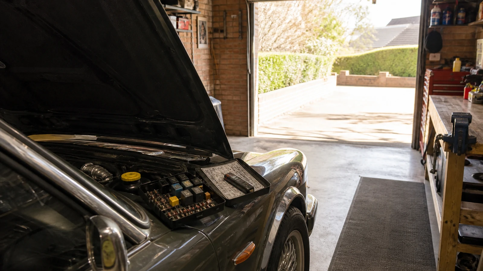 Spring garage recommission scene with a car fuse box open for a standard blade fuse screen
