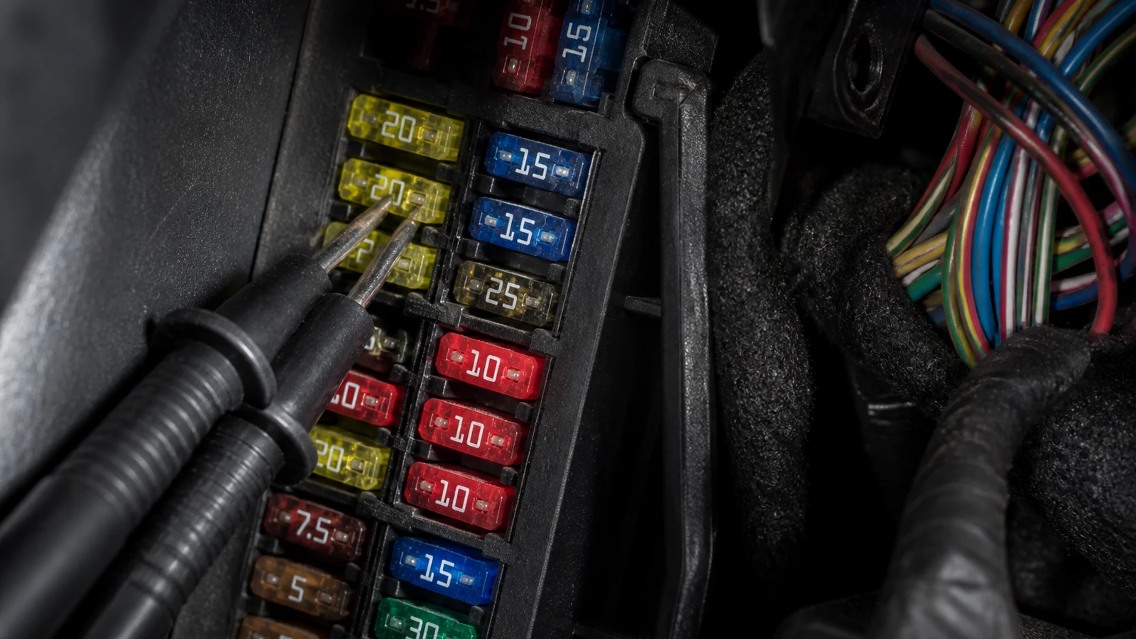 Probing the top test points of a standard car blade fuse still seated in a UK cabin fuse box